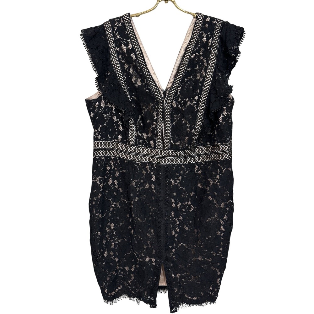 City Chic Black‎ Lace V-Neck Ruffle Cap Sleeve Sheath Dress Size L 20 Plus Size
